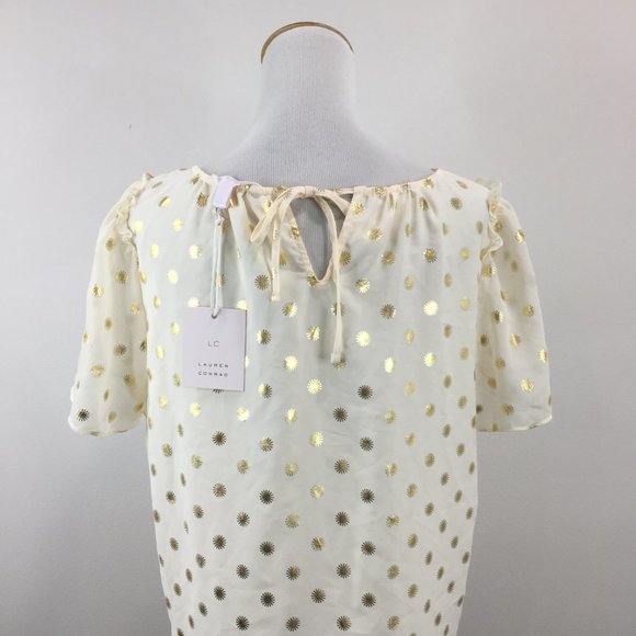 NWT LC LAUREN CONRAD Beige Gold Print Tie Back Collar Short Sleeve Shirt - Picture 9 of 11